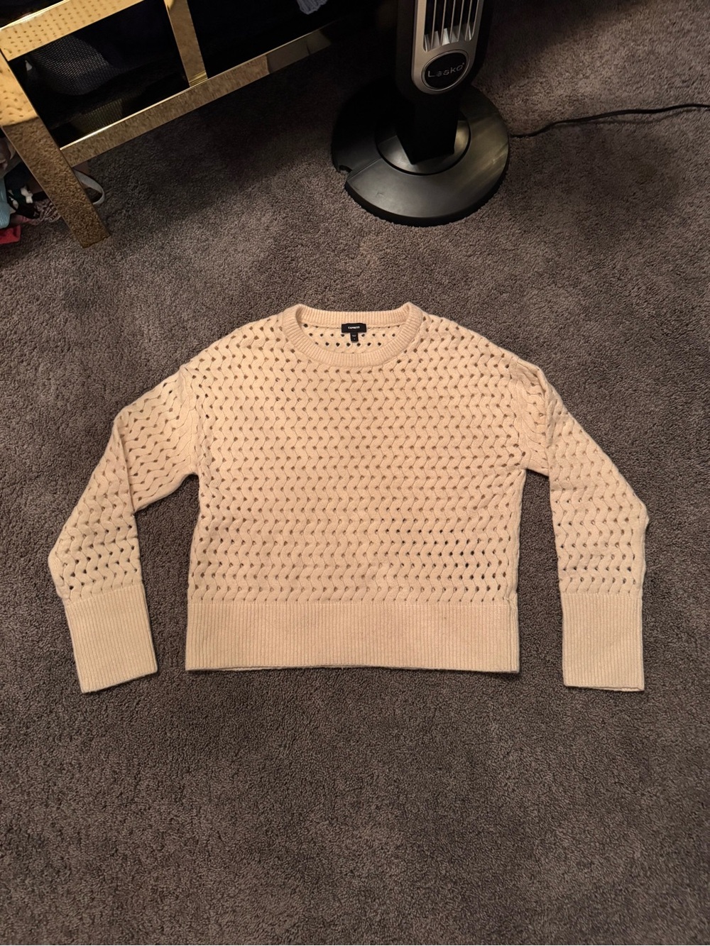 Express Beige Open-Knit Crewneck Sweater